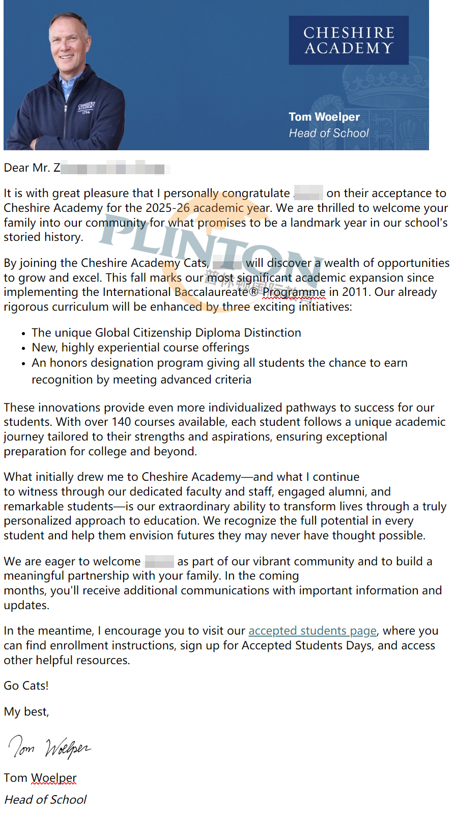  恭喜Z同学获得康州顶尖寄宿Cheshire Academy柴郡9年级录取offer